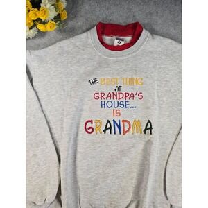 Vintage 90s Jerzees Grandma Sweater Gray Double Collar Embroidered Large